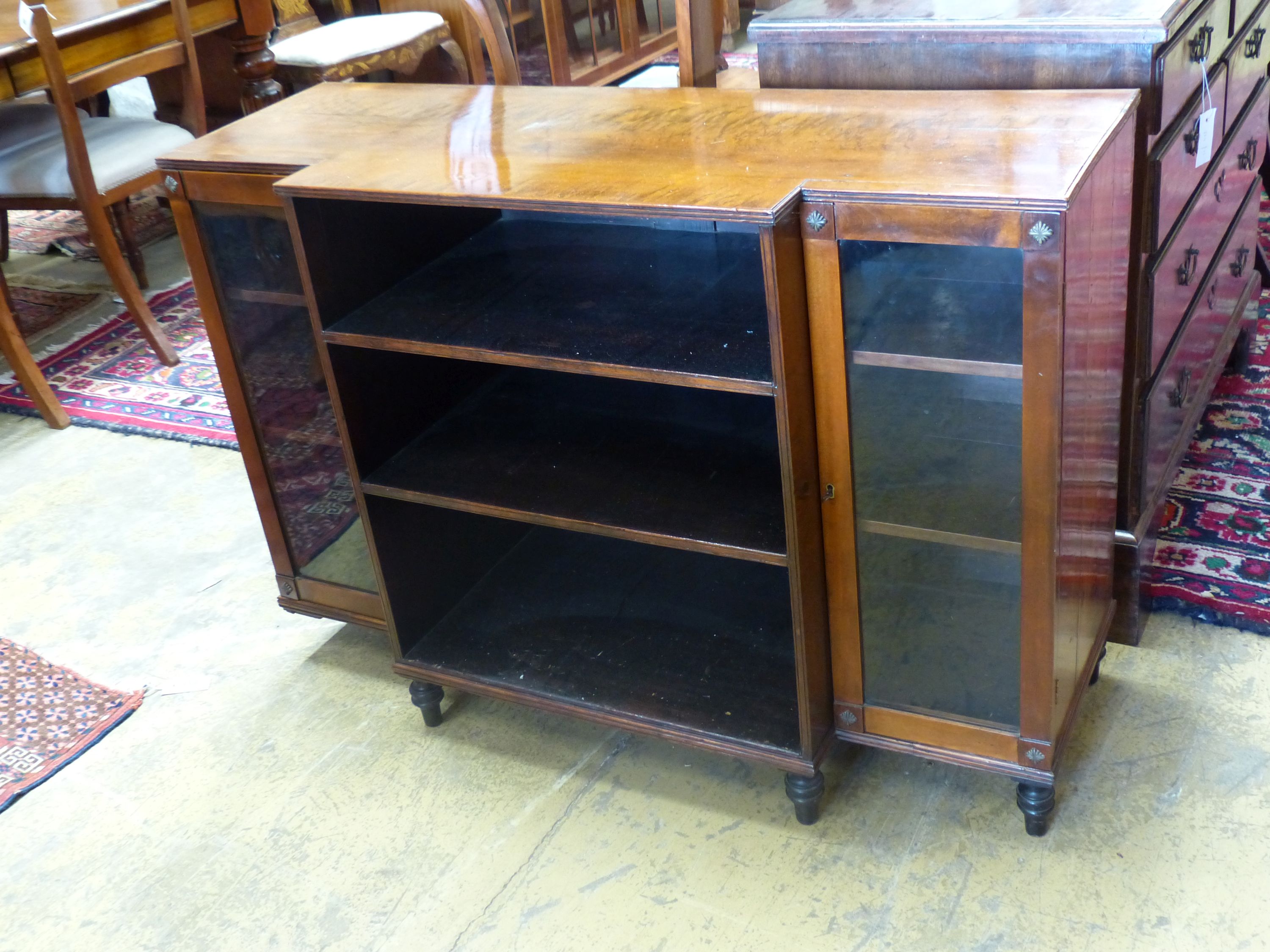 A Regency style mahogany and satinwood dwarf breakfront bookcase, width 112cm, depth 42cm, height 79cm